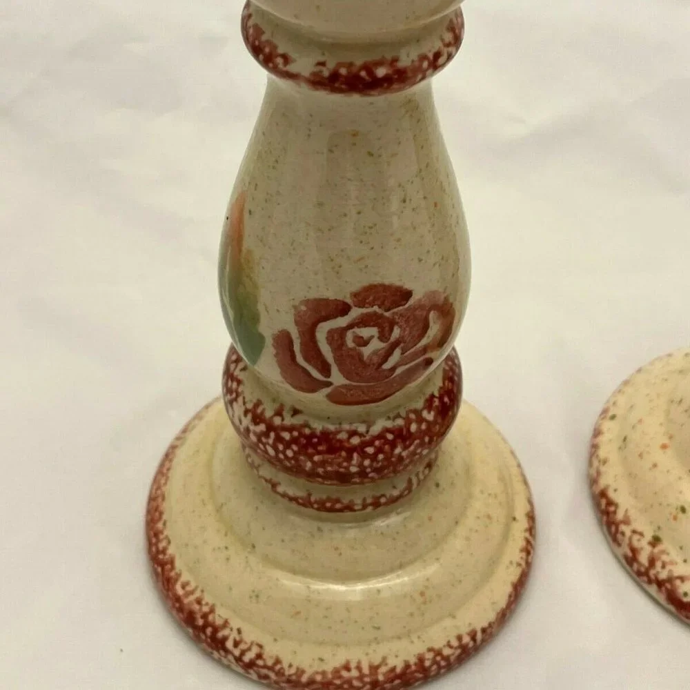 Primitive Spongeware Pink Rose Candlesticks, Set of 2, Farmhouse Cottagecore EUC
